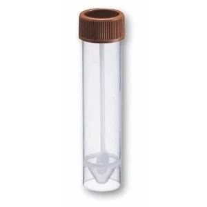 Faeces container PP, 107 x 25 mm, 30 ml, with spoon and screw cap PE amber, mounted
