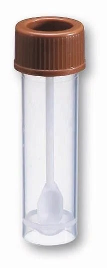 Universal container, 76 x 20 mm, sterile (by radiation), PP, 15 ml, with spoon and screw cap PE amber, mounted