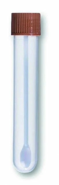 Universal container,100 x 16 mm, sterile (by radiation), PP, 13 ml, with spoon and screw cap PE amber, mounted