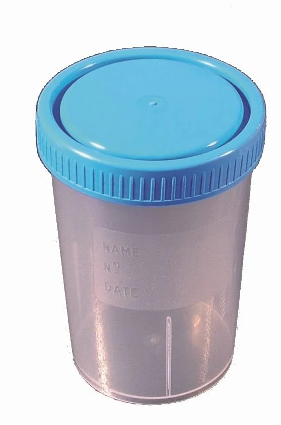 Urine cups 200 ml, PP, frosted field for writing, light blue screw cap PE, graduated to 175 ml, non-sterile