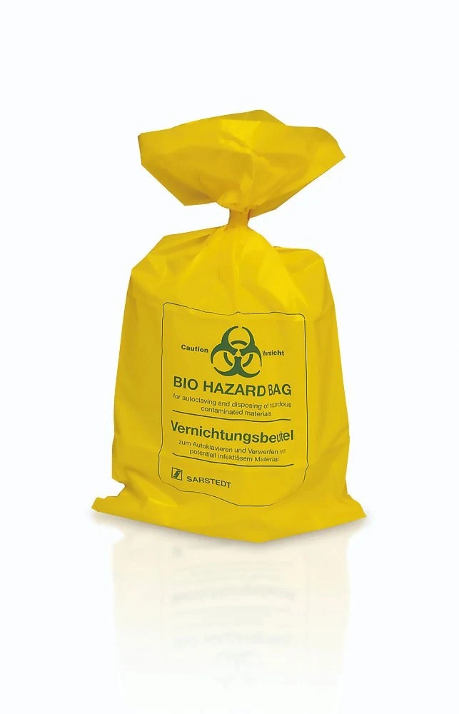 Waste bags 700x1120mm, yellow 50 µm, blue printing "Biohazard", PP, autoclavable up to 134°C