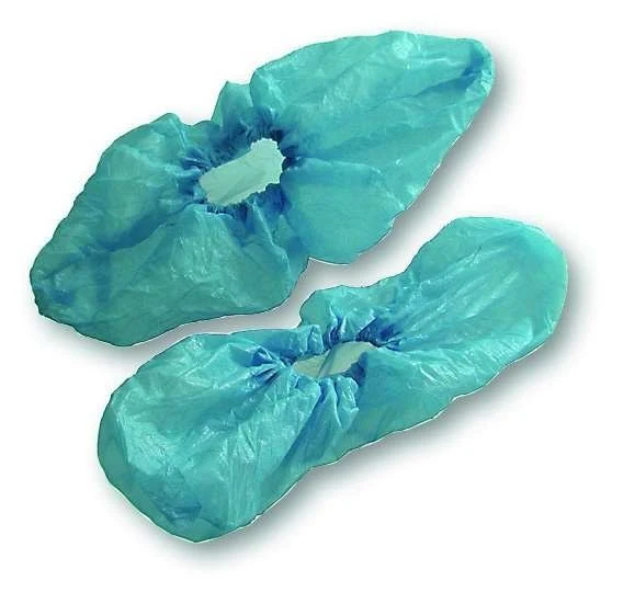 Shoe cover, 8g/pc, with rubber tie, CPE blue, 15x42cm, embossed, 5/roll