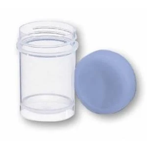 Universal container 35 ml, PP, clear, with blue screw cap HDPE