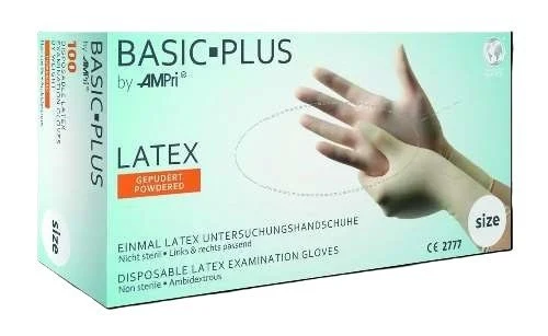 Latex, size M, white, powdered, 01012-M, length: 240 mm, thickness: cuff: 0.08 mm, palm: 0.09 mm