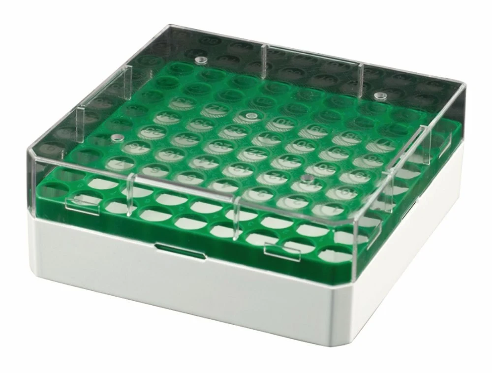 Cryo boxes, PC, for 1.2 + 2 ml tubes, blue grid, 81 places, 132 x 132 mm, writing area