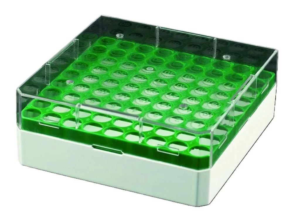 Cryo boxes, PC, for 1.2 + 2 ml tubes, yellow grid, 81 places, 132 x 132 mm, writing area