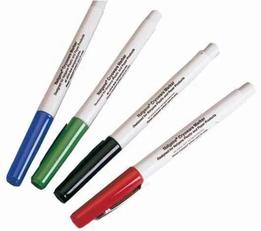 Cryo Markers, set assorted, green, blue, red, black, specially for writing on cryo tubes, cryo boxes, blue