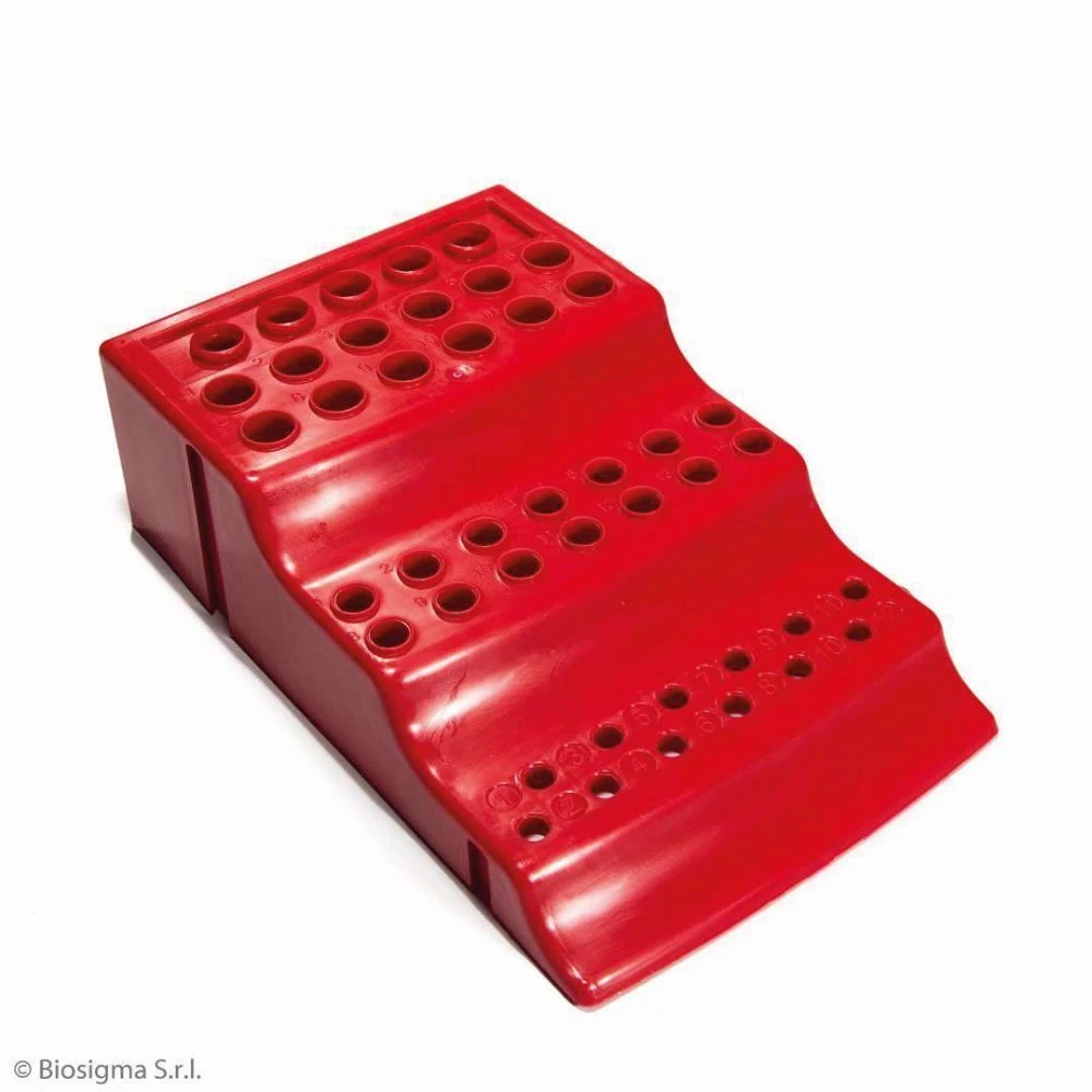 Rack for conical cups, 4-way, red, PP, for 0.2 + 0.5 + 1.5 + 2.0 ml cups, autoclavable to 121°C