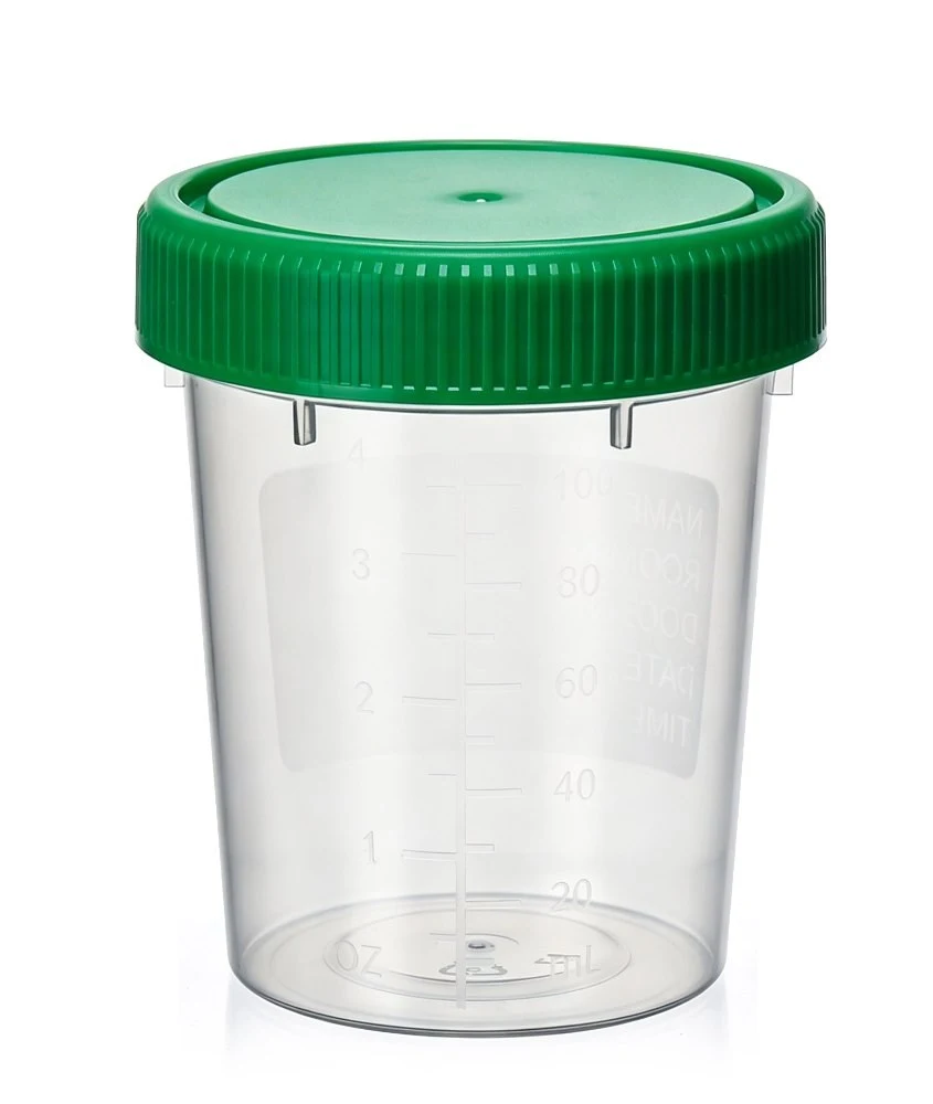 Urine container Basic-Line, 150ml, PP, graduated 20-100ml, green screw cap PE, non-sterile